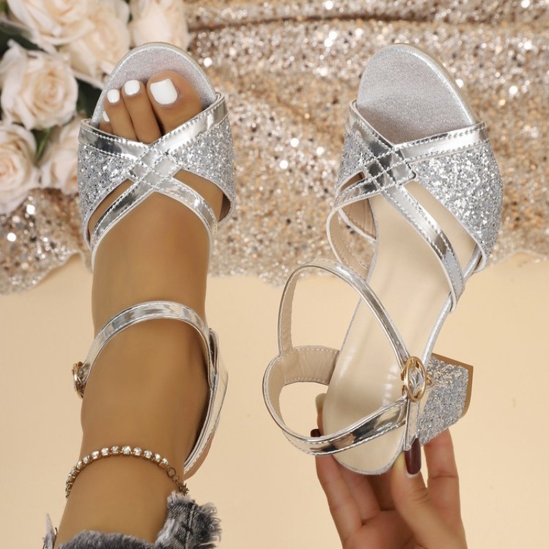 Metallic Heel Sandal - Sandalias de tacón de bloque para